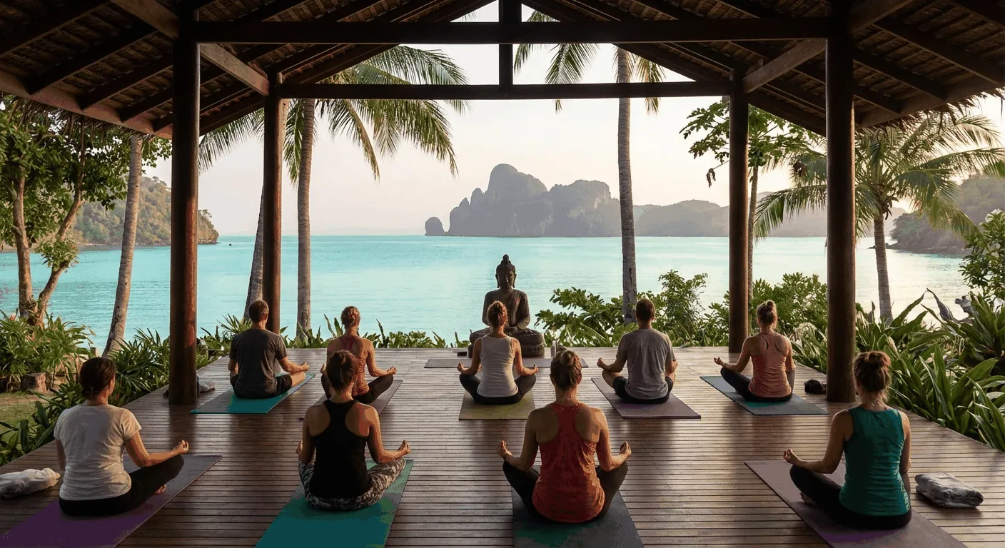 Serene yoga class on oceanfront studio overlooking Thailand island