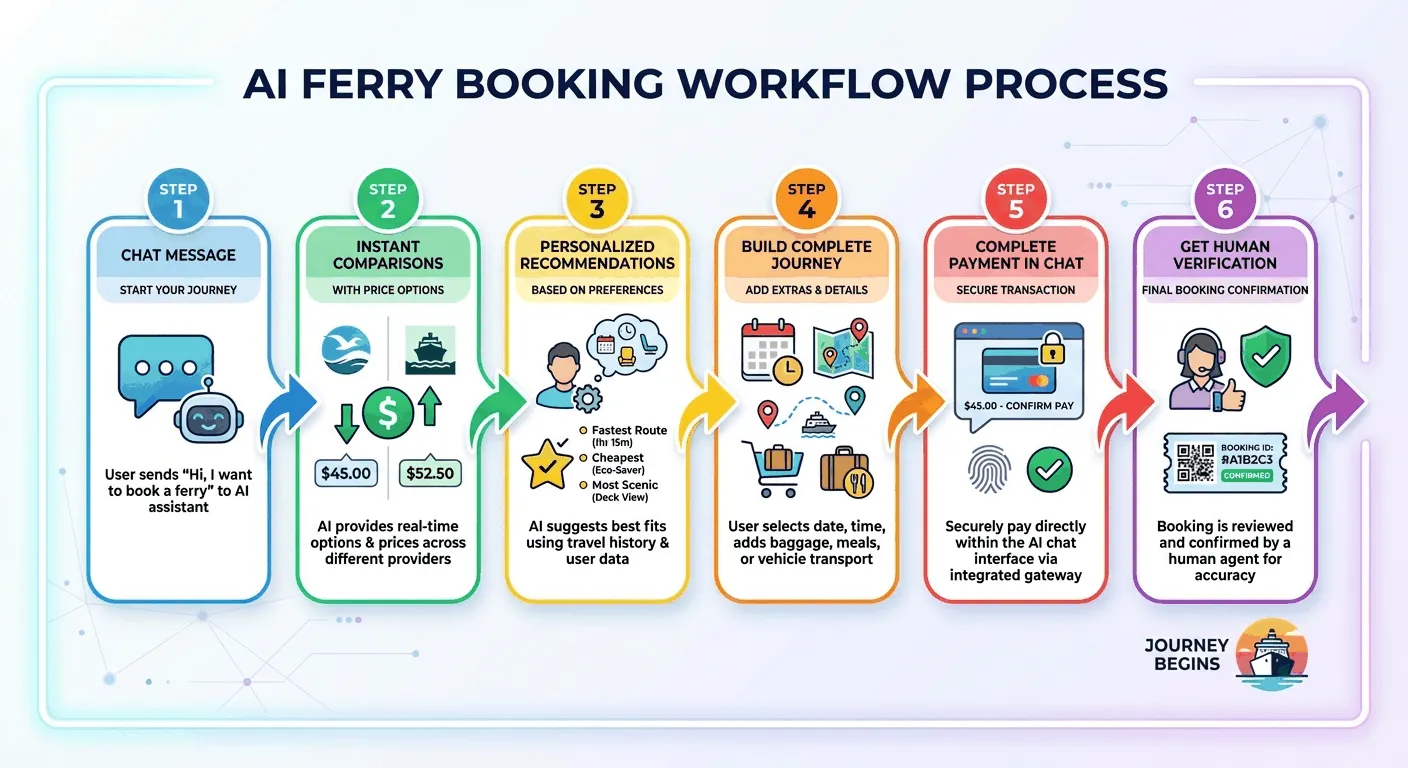 AI booking workflow process from start journey to human verification