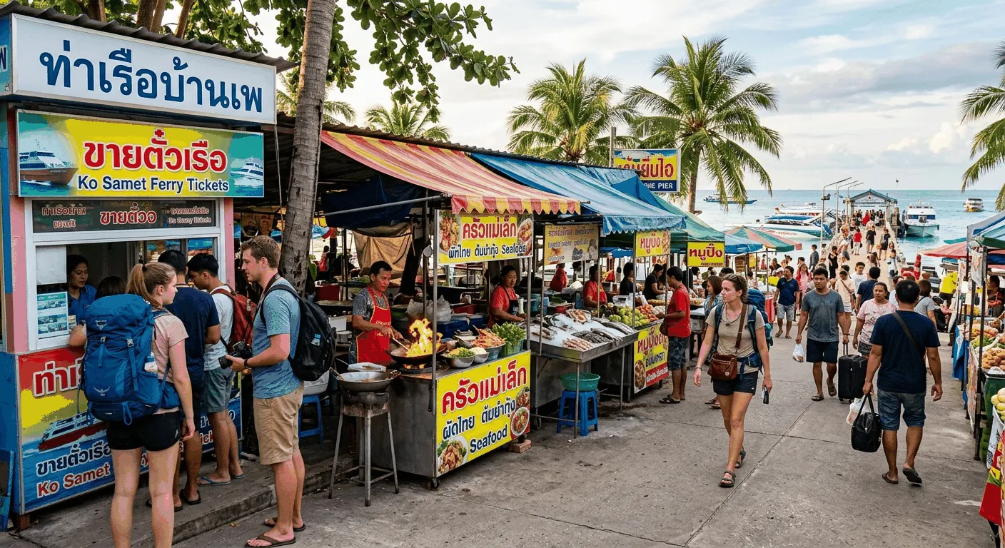 Market and ticket booth area near Ban Phe Pier in Rayong