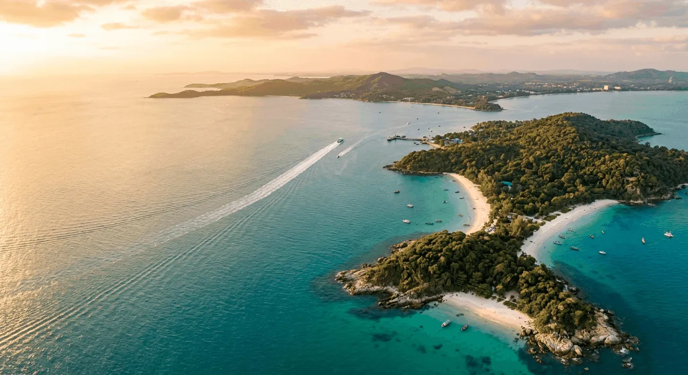 Aerial view of Koh Samet's beaches and the Rayong coast across the Gulf of Thailand