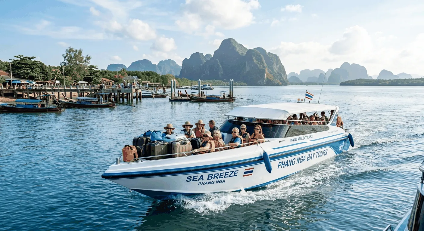 Speedboat departing Bang Rong Pier toward Koh Yao Noi across Phang Nga Bay