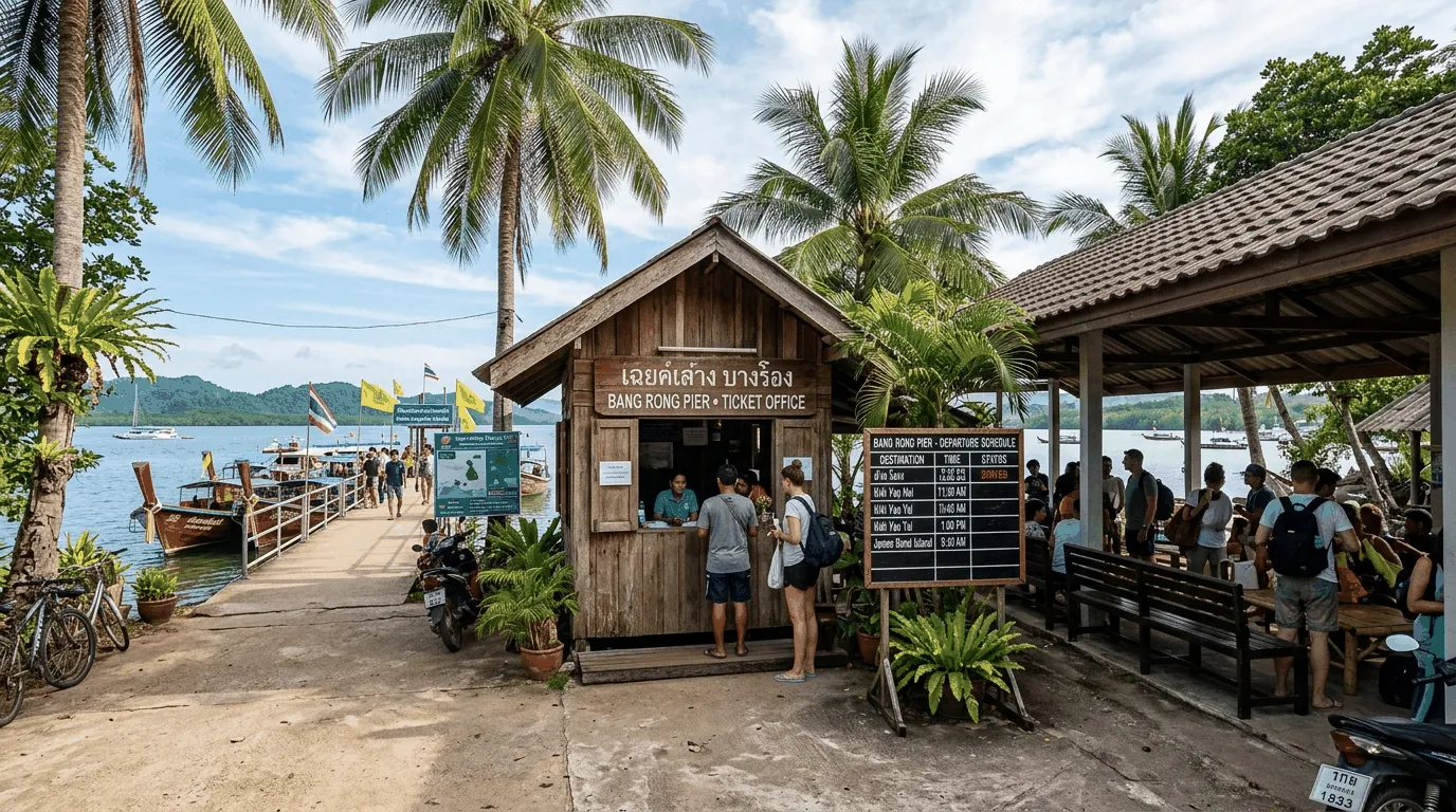 Wooden ticket booth and waiting area at Bang Rong Pier in Phuket