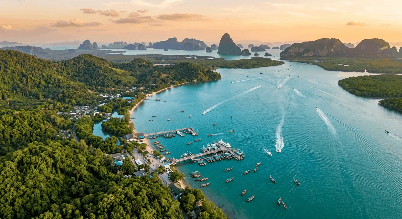 Aerial view of Phang Nga Bay and Bang Rong Pier with karst limestone islands