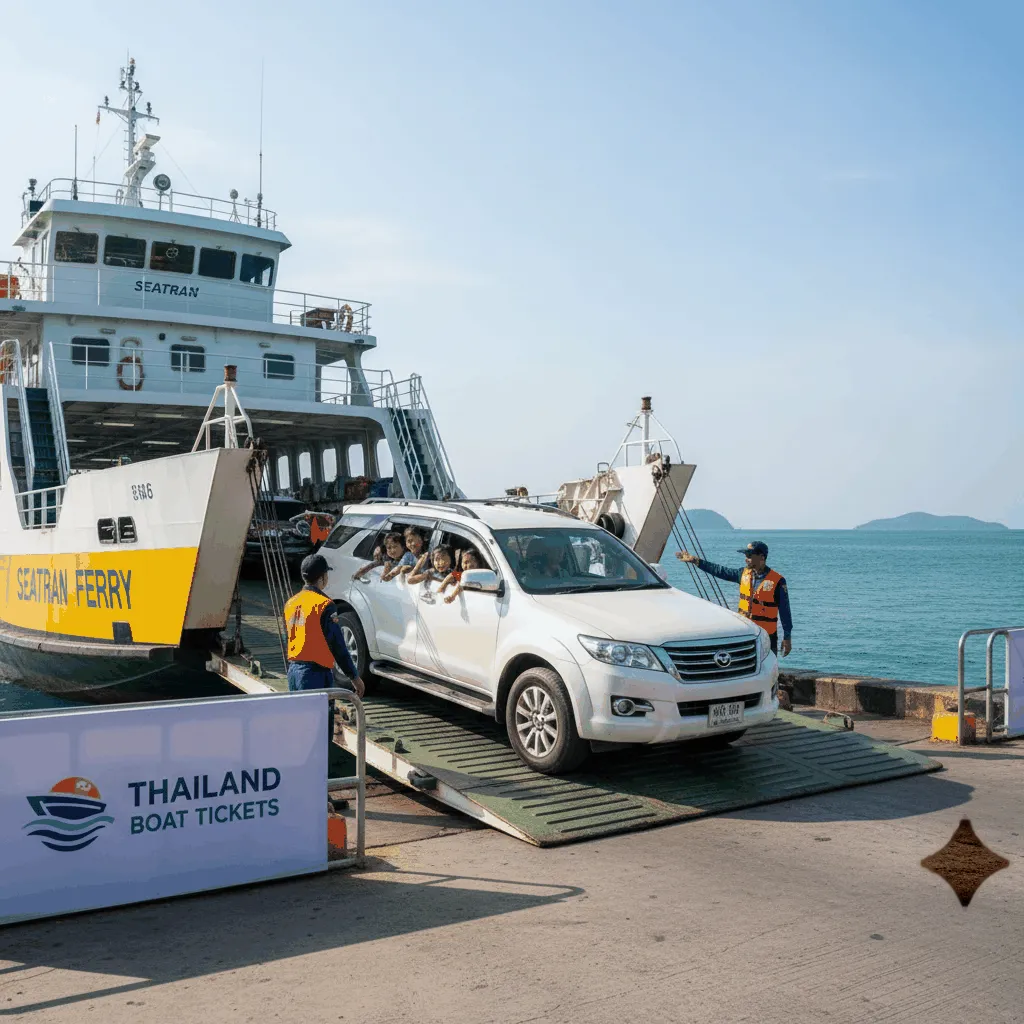 Car driving onto a Seatran car ferry at Donsak Pier