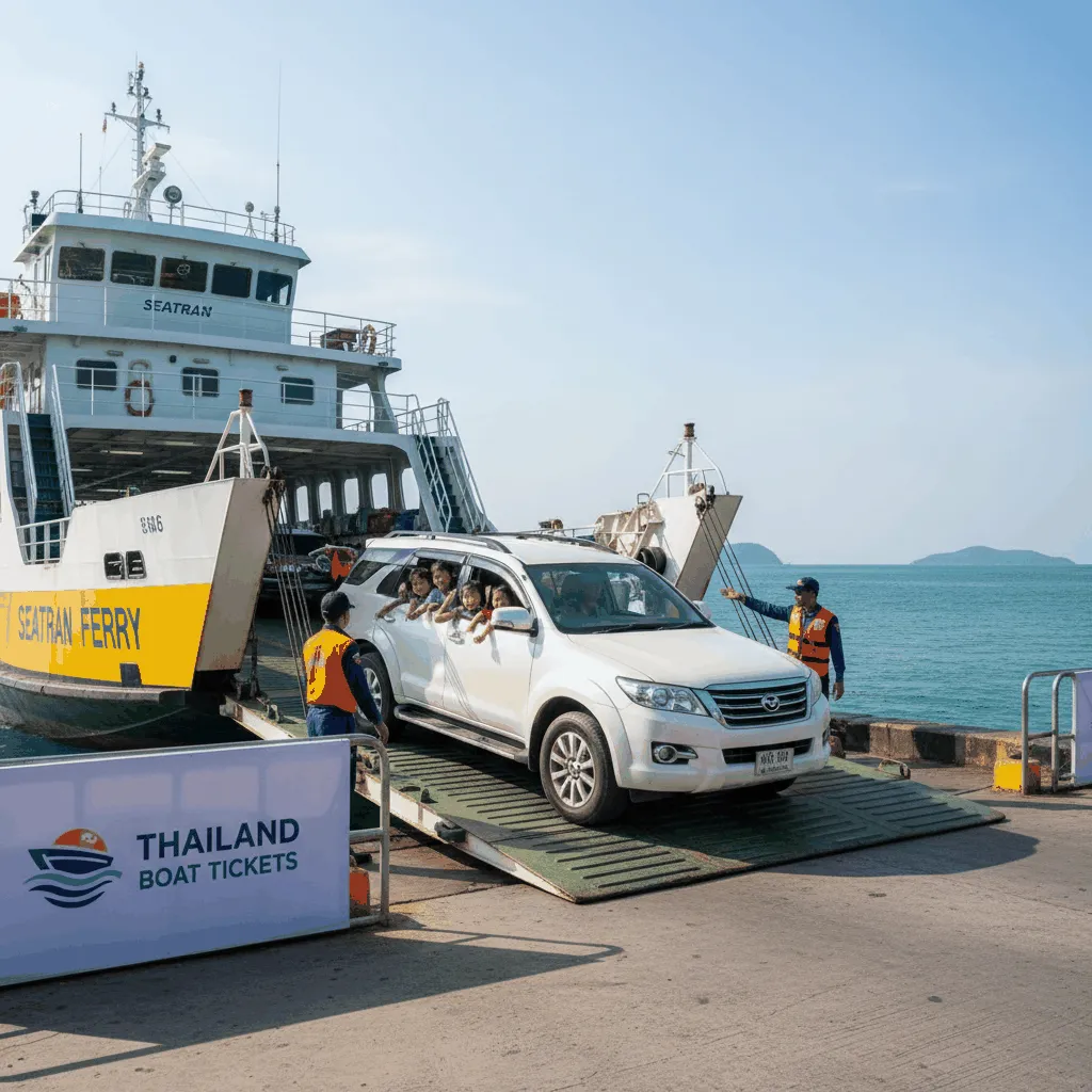 Car driving onto a Seatran car ferry at Donsak Pier