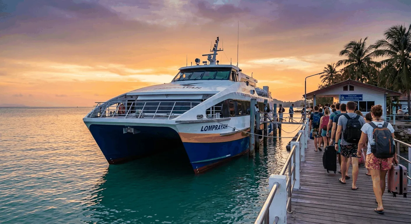 Lomprayah high-speed catamaran at Thung Makham Noi Pier in Chumphon at sunset
