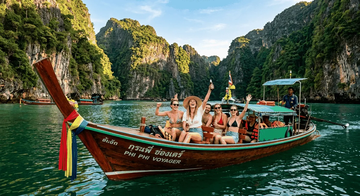 Group of travelers on a traditional Thai longtail boat exploring a hidden emerald lagoon with limestone karst cliffs at Koh Phi Phi