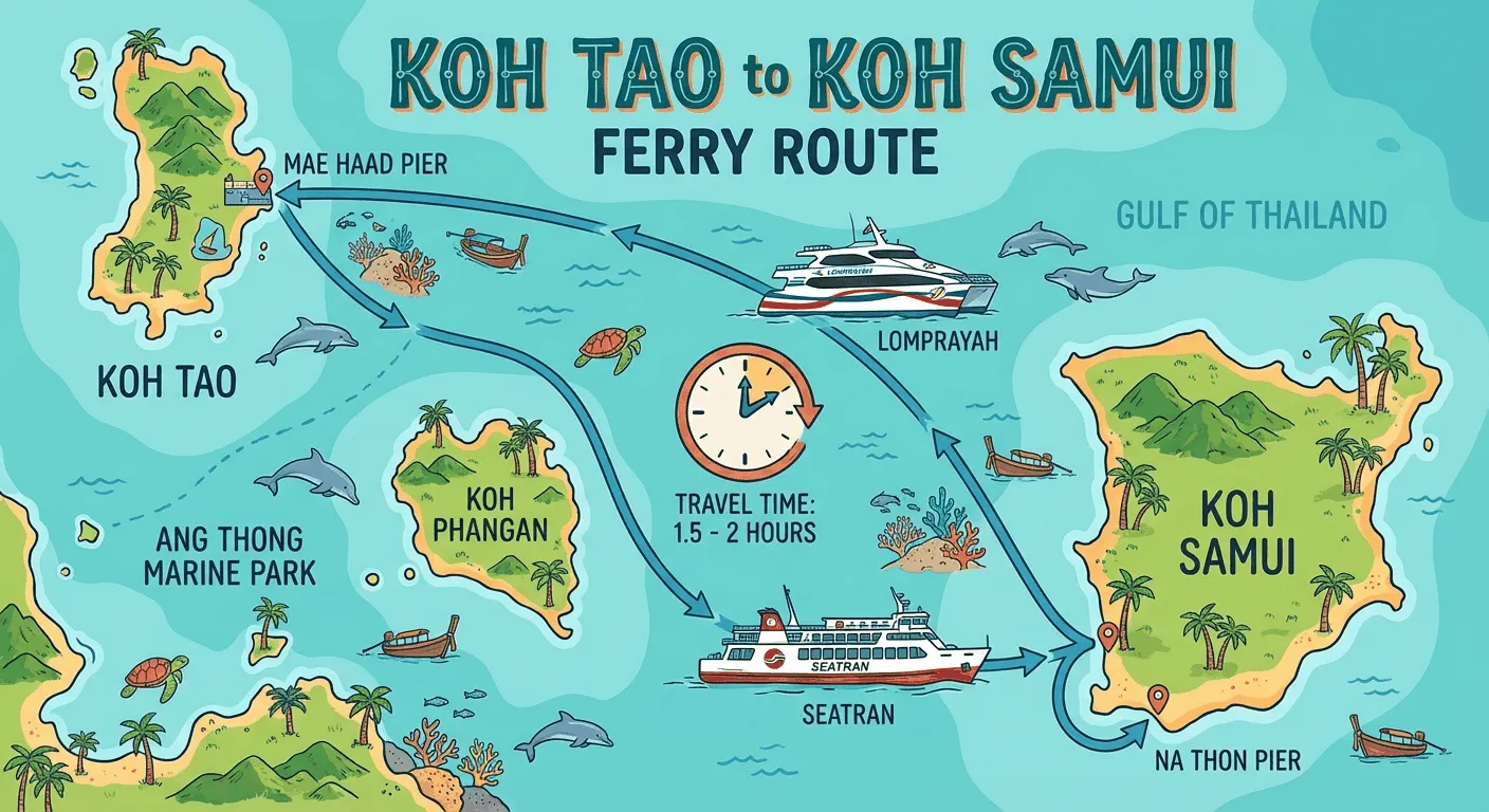 Illustrated map of Koh Tao to Koh Samui ferry route