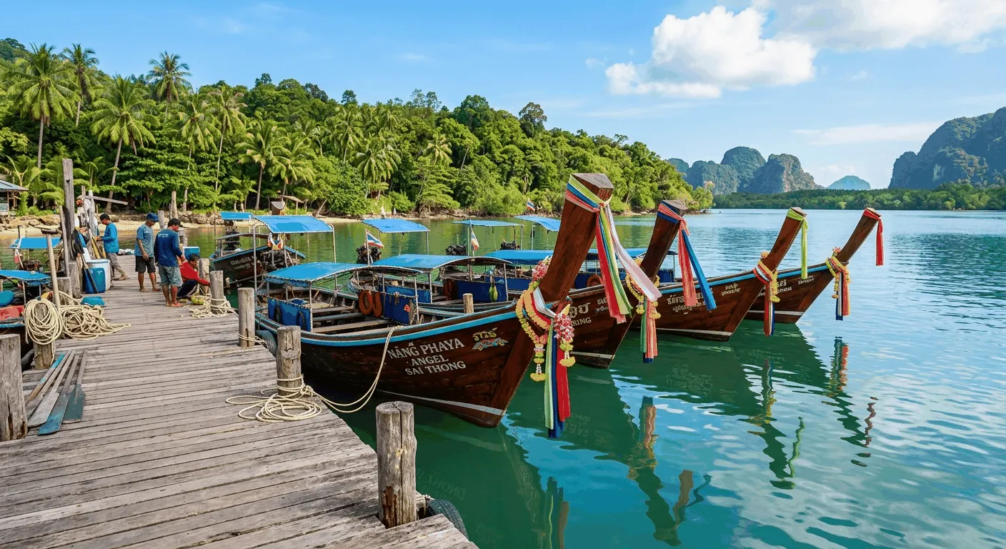 Colorful traditional Thai longtail boats moored at Laem Hin Pier on Phuket's east coast