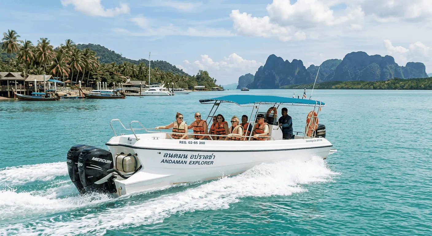 Small speedboat departing Laem Hin Pier toward Koh Yao Noi across calm waters of Phang Nga Bay