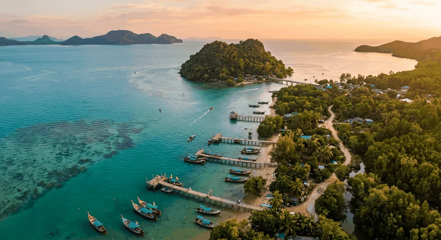 Aerial view of Phuket's east coast piers near Koh Sirey, with longtail boats and the Koh Yao islands on the horizon