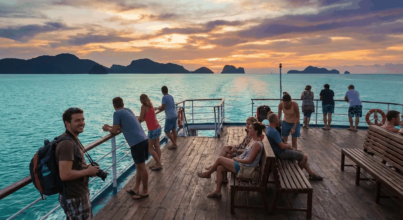 Traveler on ferry deck between islands with tropical ocean view and island silhouettes