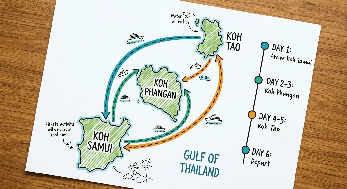 Thailand island map showing multi-leg journey connections between Koh Samui, Koh Phangan, and Koh Tao
