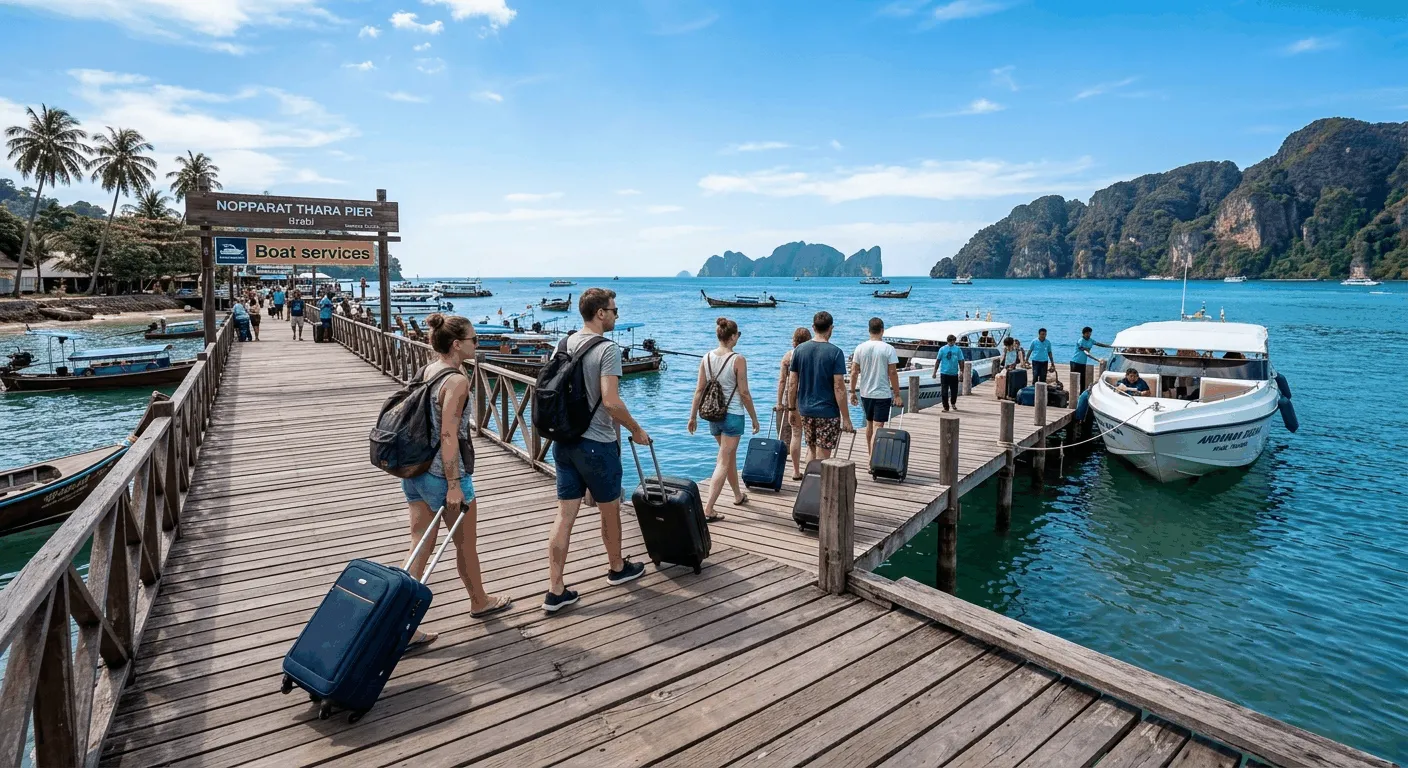 Travelers boarding a speedboat at Nopparat Thara Pier Krabi