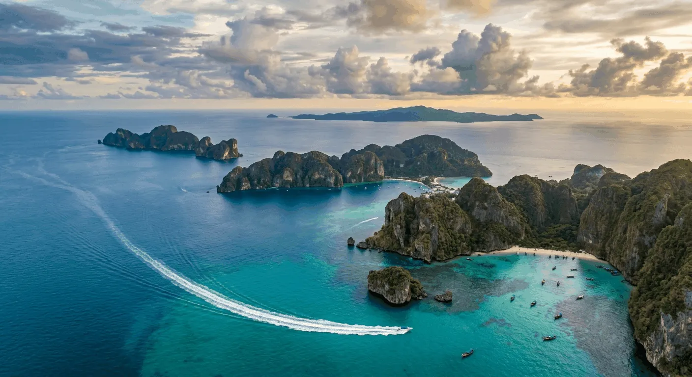 Aerial view of the Andaman Sea route from Nopparat Thara toward Phi Phi and Koh Lanta