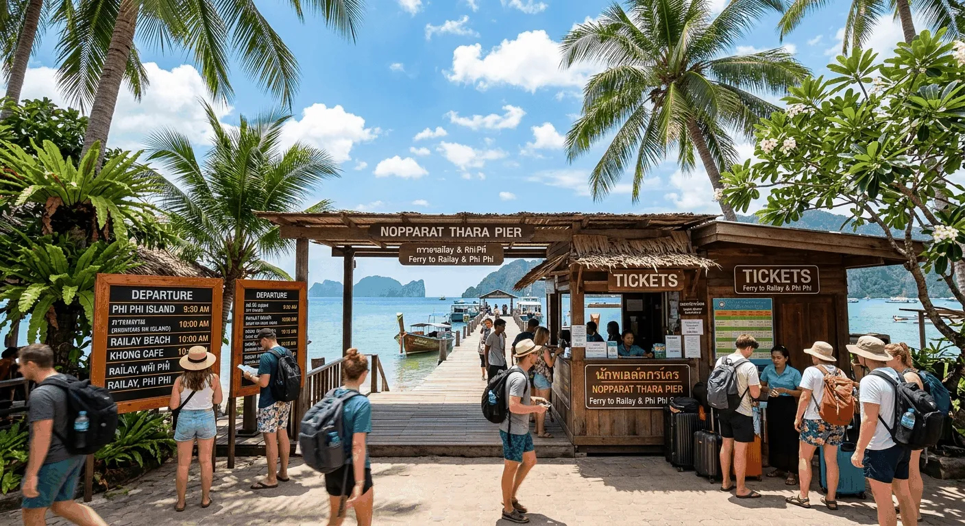 Ticket counters and waiting area at Nopparat Thara Pier in Ao Nang, Krabi