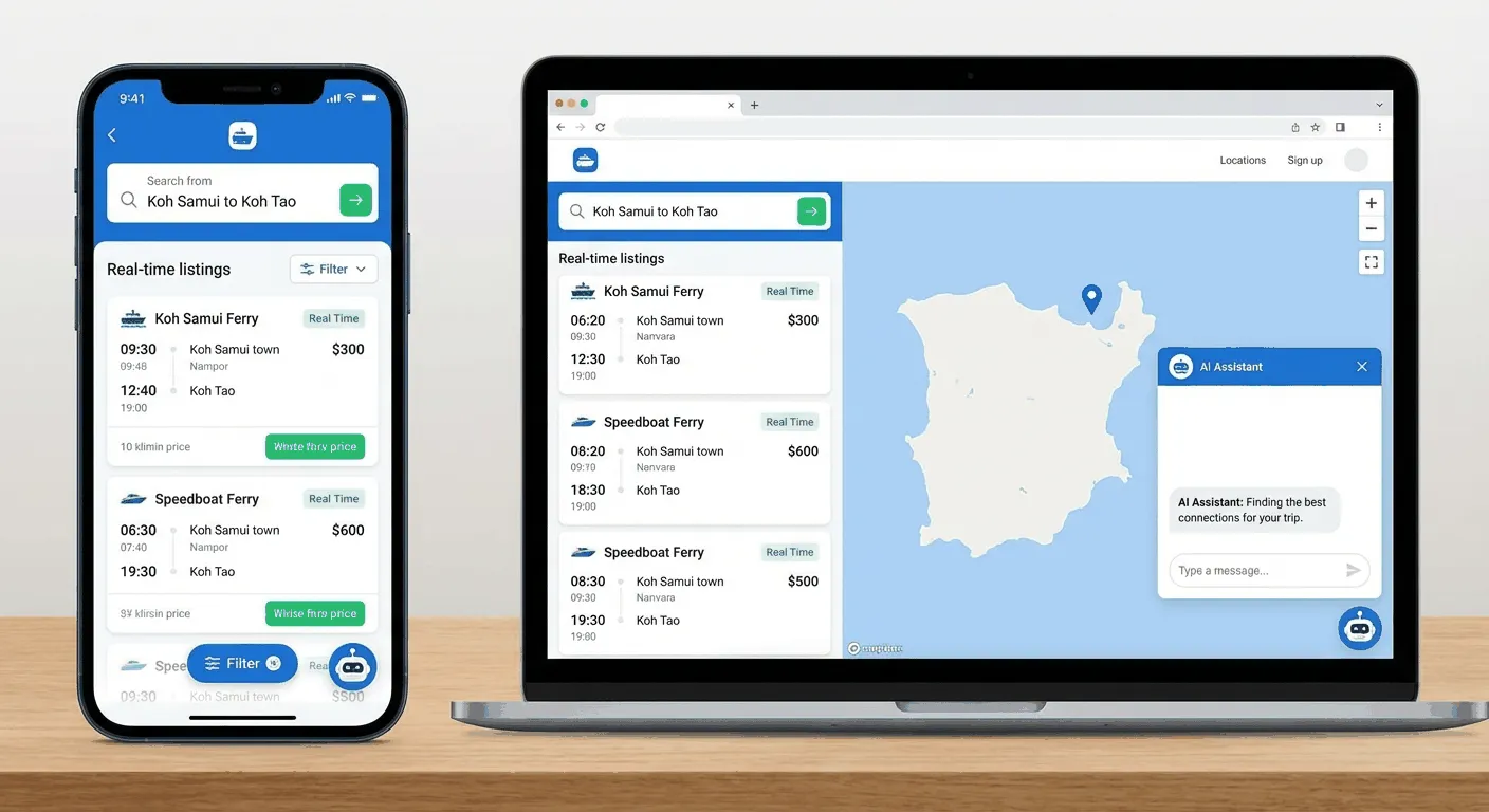 AI booking platform interface on mobile and desktop showing real-time search results