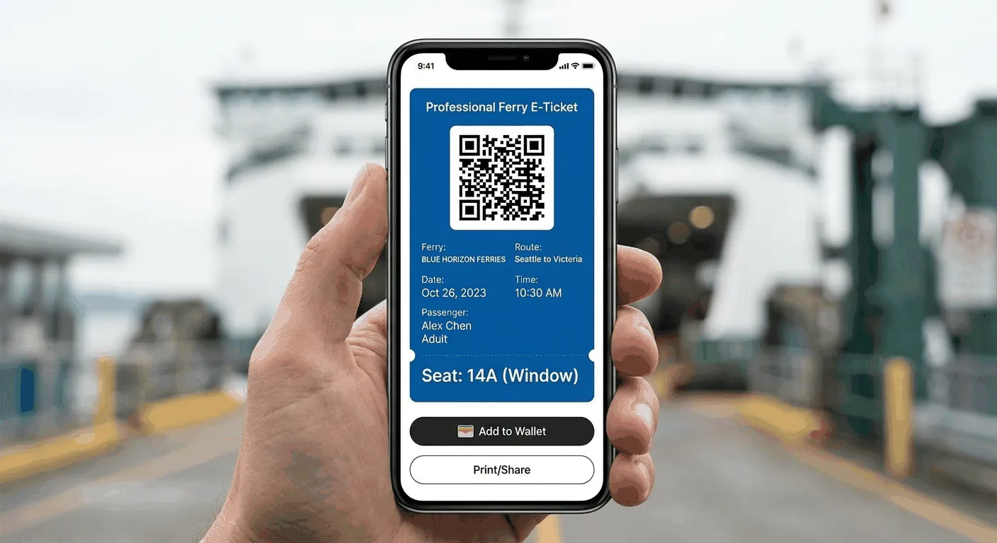 E-ticket confirmation on smartphone screen with QR code and booking details
