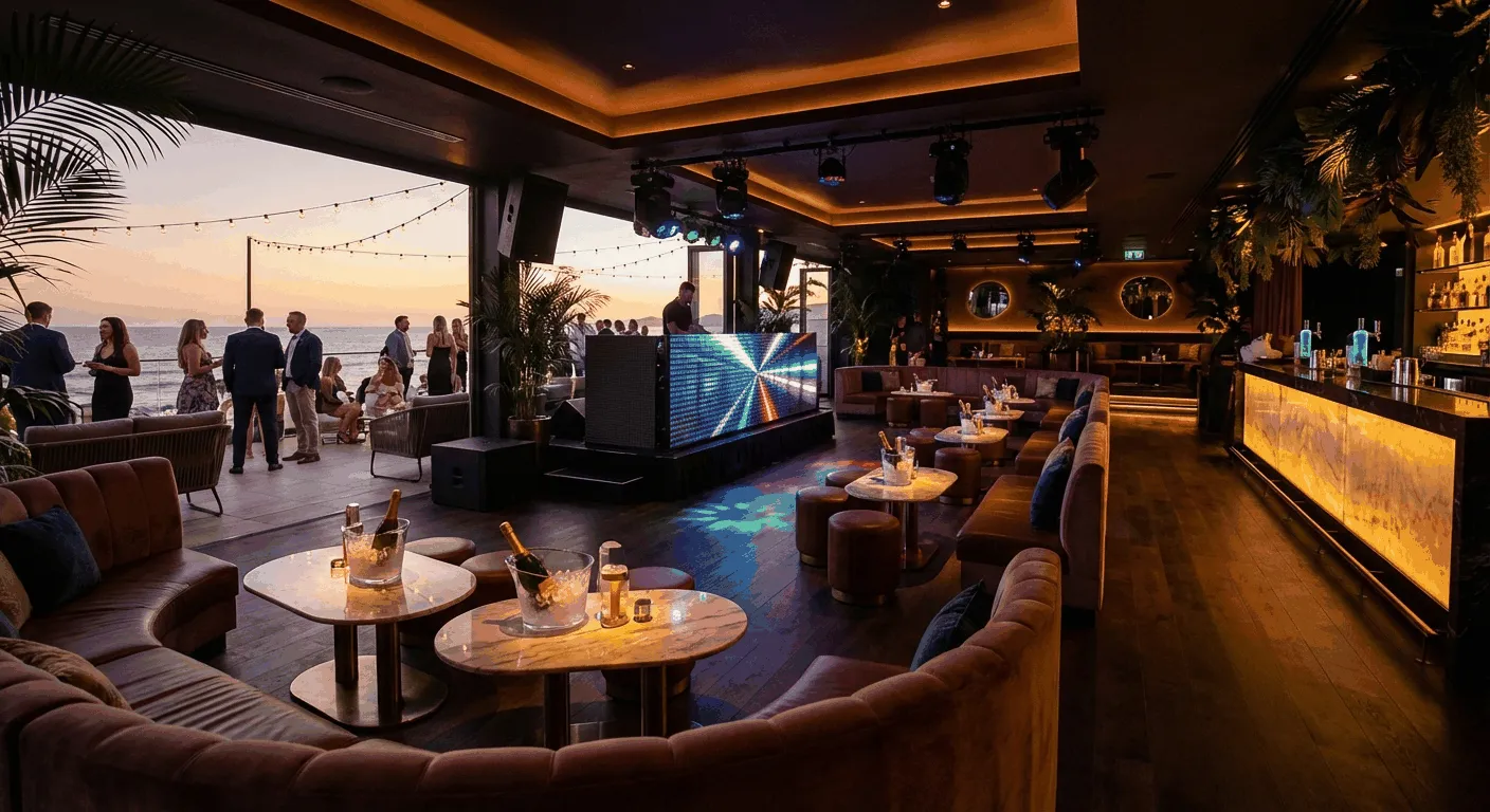 Island beach club interior with DJ booth, VIP seating, and colorful club lighting