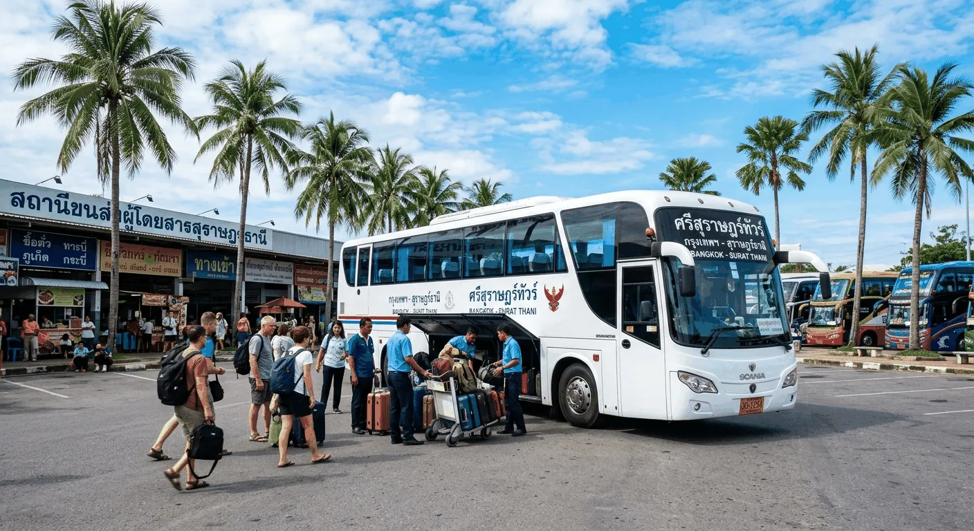 Modern air-conditioned tourist bus at a Surat Thani transport hub on the route from Phuket to Koh Samui