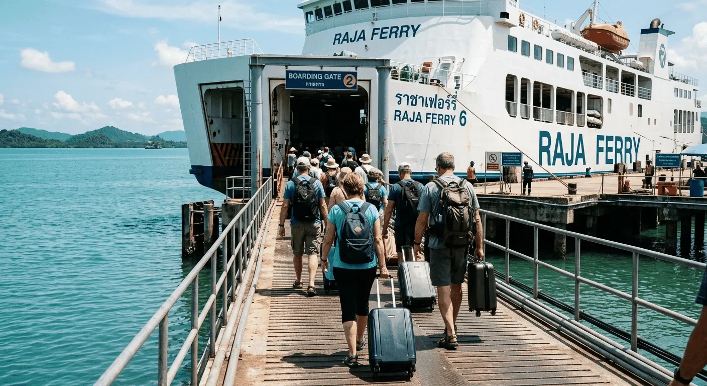 Travelers boarding a large white car ferry at Donsak Pier bound for Koh Samui