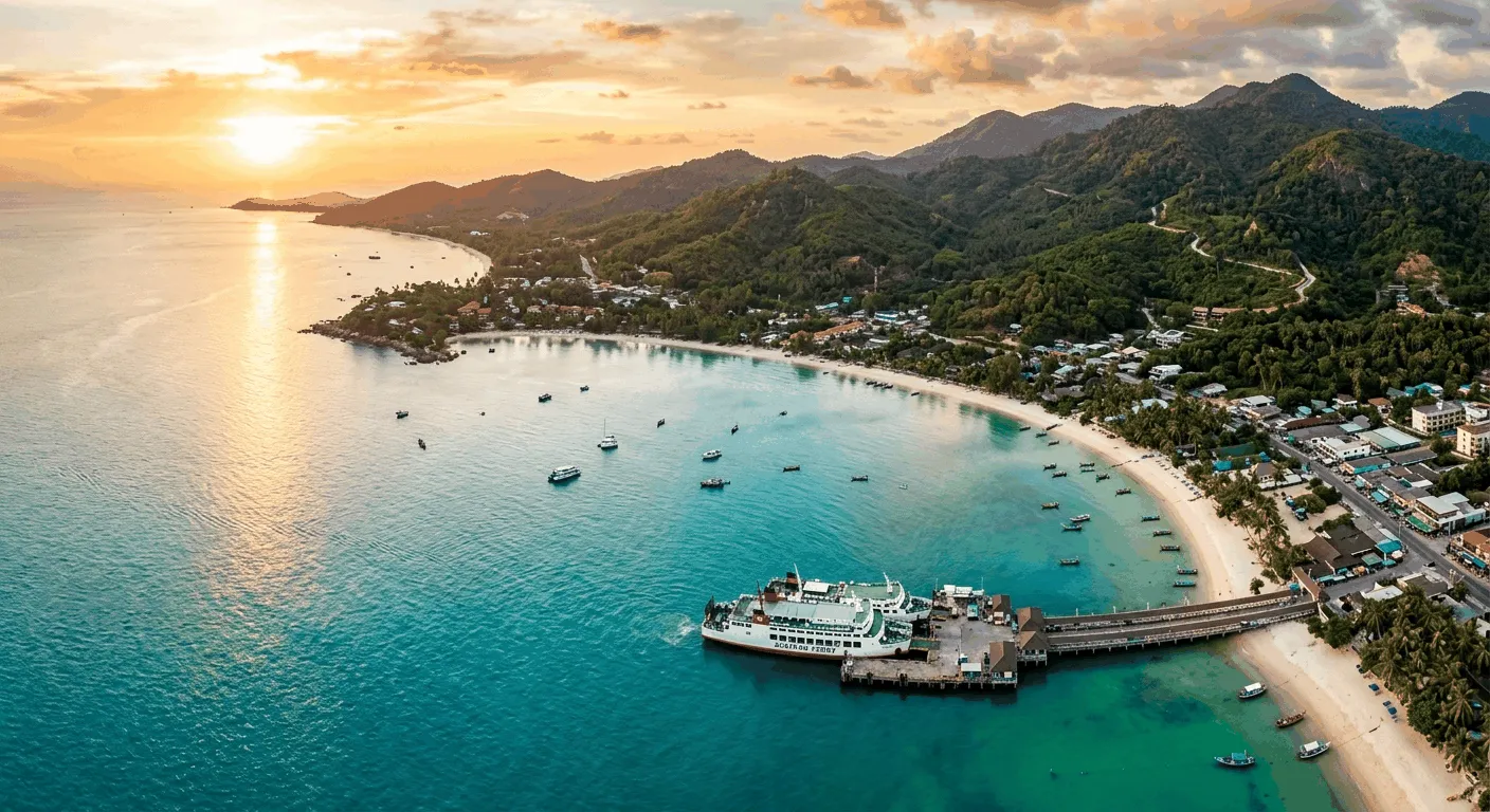 Aerial view of Nathon Pier on Koh Samui with a ferry docked and turquoise Gulf of Thailand water