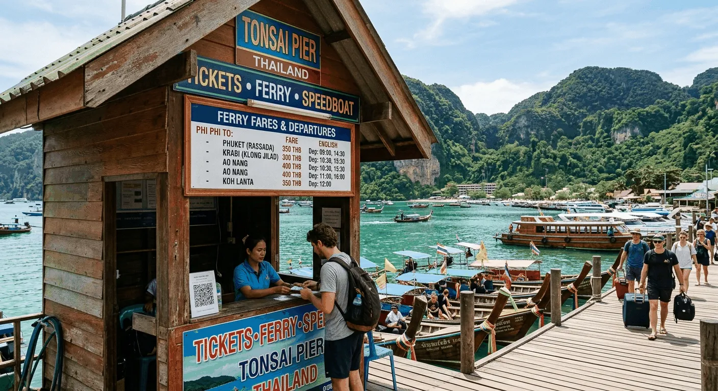 Thailand ferry pier ticket booth showing official ferry fares and prices at the harbor