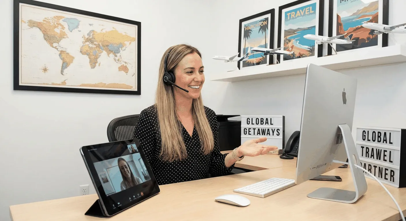 Professional travel consultant at desk providing premium customer service