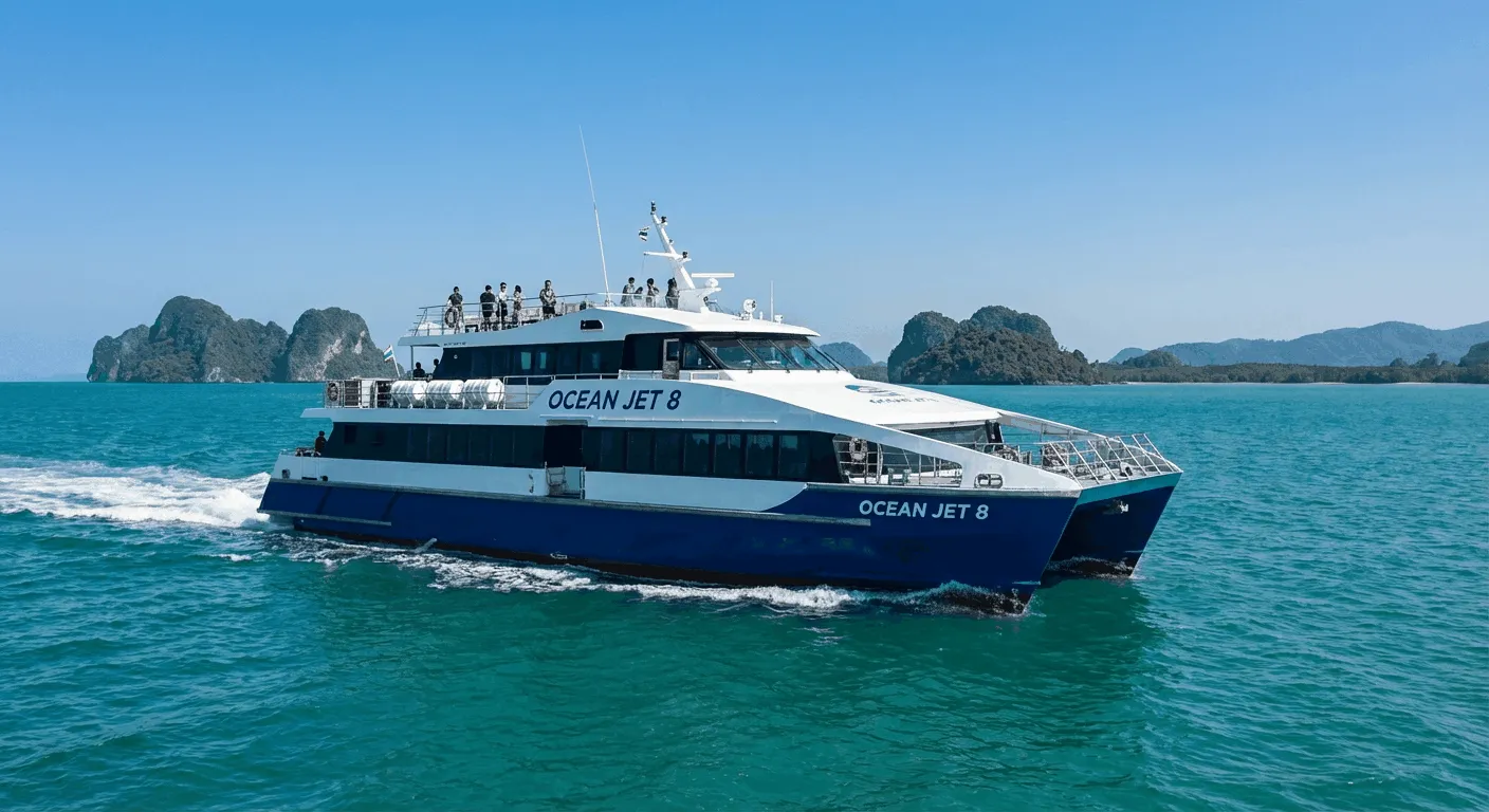 High-speed catamaran ferrying passengers across turquoise waters between tropical Thai islands