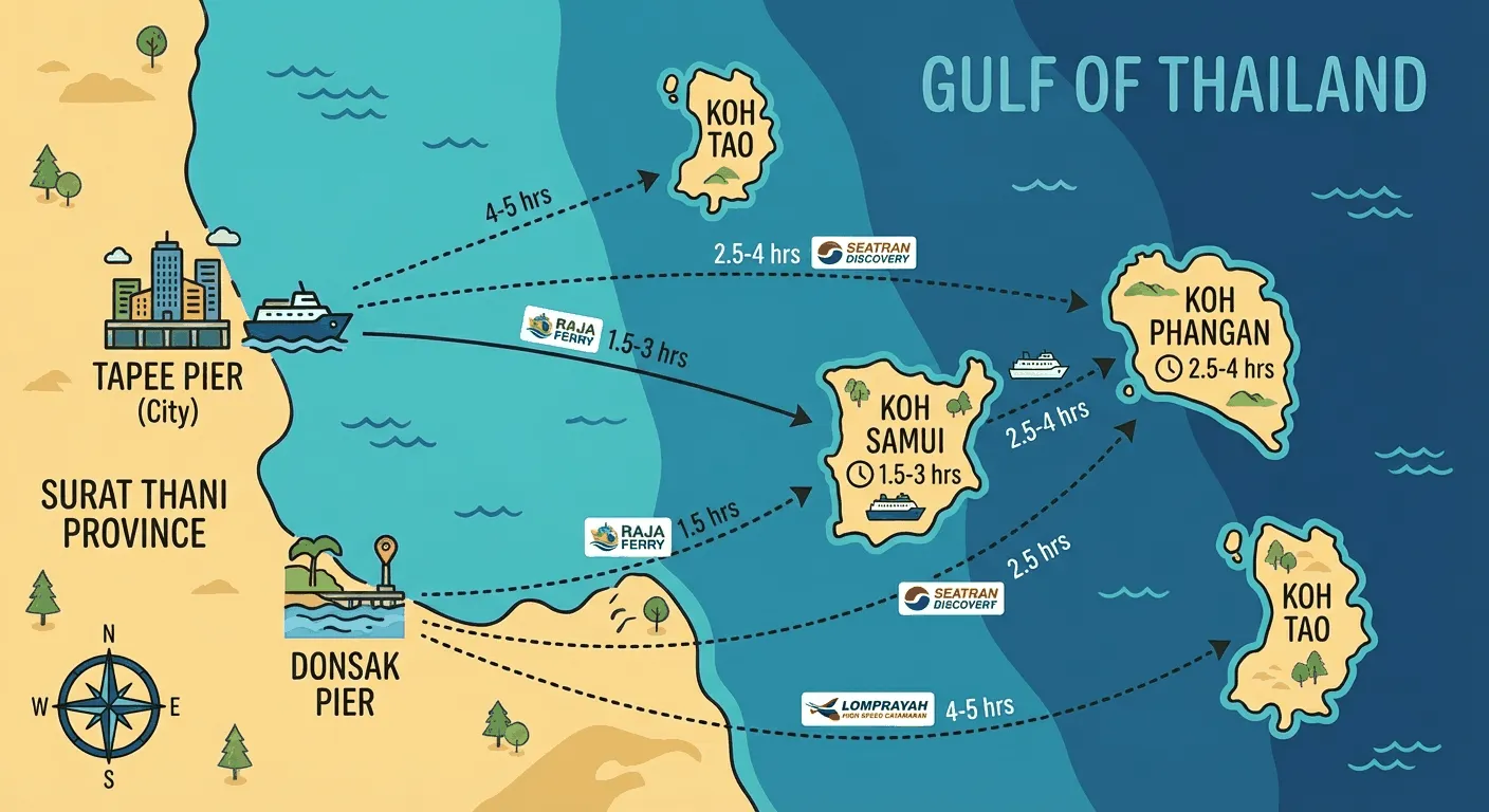 Map of ferry routes from Surat Thani