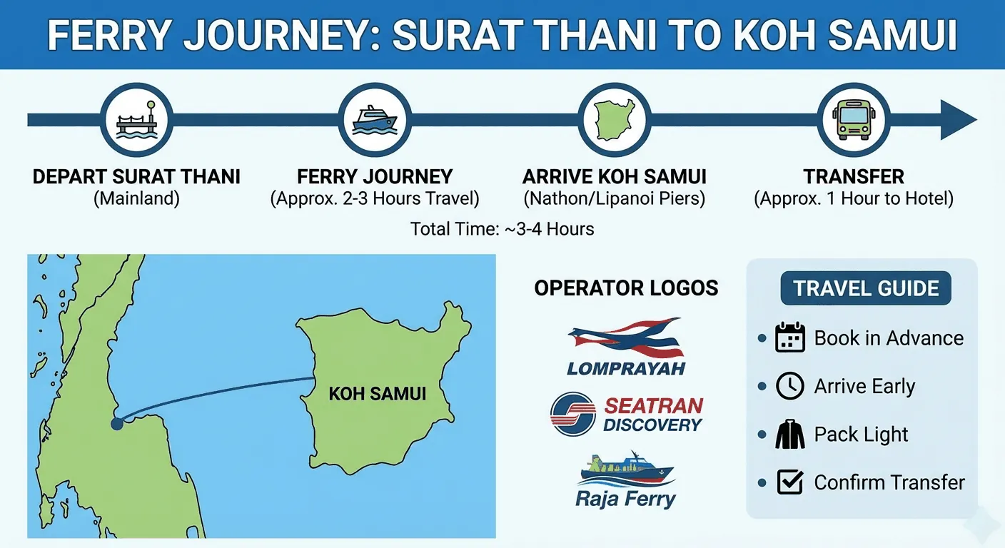 Infographic showing the travel time from Surat Thani to Koh Samui