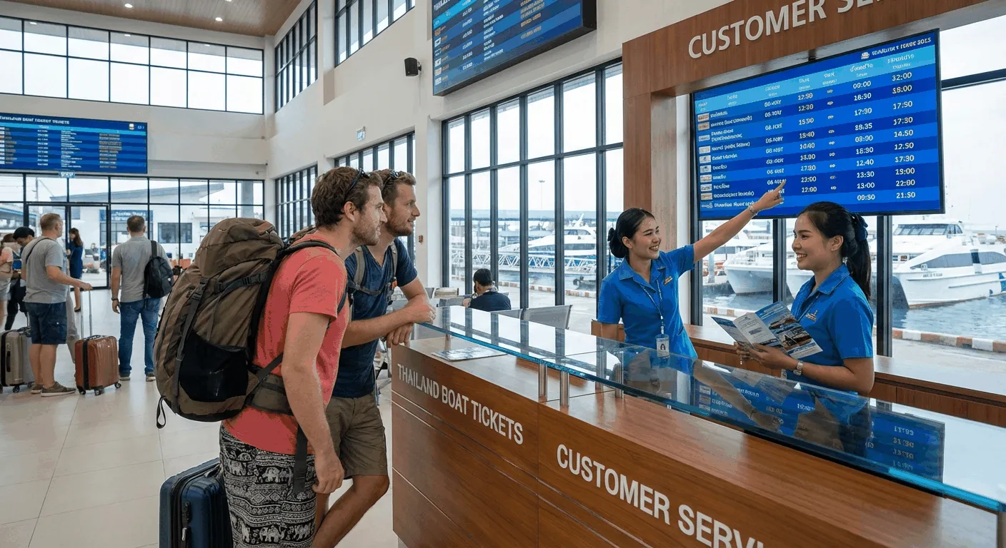 Tourist asking for information at a Thailand Boat Tickets kiosk