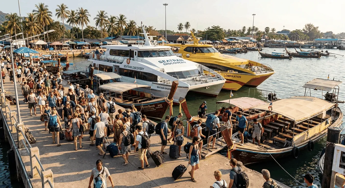 Bustling Thai ferry port with multiple vessels
