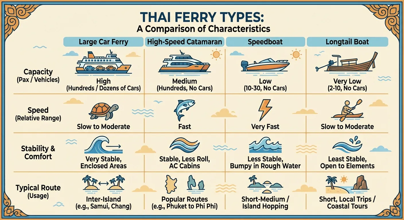 Infographic showing types of Thai ferries with characteristics