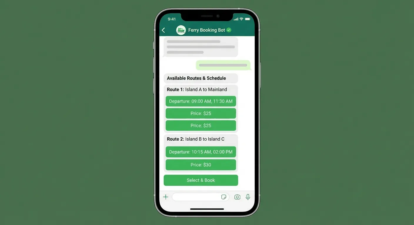WhatsApp booking interface on phone showing ferry booking conversation